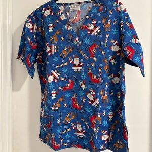 UA Scrubs Womens Scrub Top Size Small Blue Christmas Santa Snowflakes